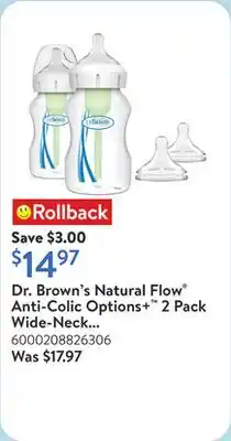 Walmart Dr. Brown's Natural Flow Anti-Colic Options+ 2 Pack Wide-Neck Baby Bottle offer