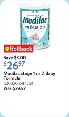 Walmart Modilac stage 1 or 2 Baby Formula offer