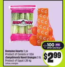 FreshCo Romaine Hearts 3 pk Product of Canada or USA Compliments Navel Oranges 3 lb Product of Egypt offer