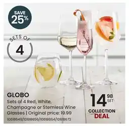 Stokes GLOBO Sets of 4 Red, White, Champagne or Stemless Wine Glasses offer