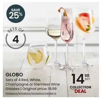 Stokes GLOBO Sets of 4 Red, White, Champagne or Stemless Wine Glasses offer