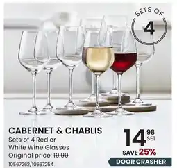 Stokes CABERNET & CHABLIS Sets of 4 Red or White Wine Glasses offer