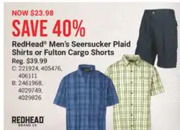 Cabela's RedHead Men's Seersucker Plaid Shirts or Fulton Cargo Shorts offer