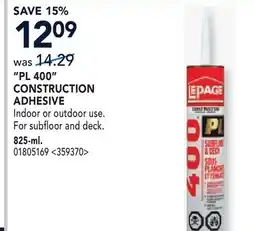 RONA PL 400 CONSTRUCTION ADHESIVE offer