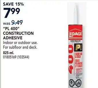RONA PL 400 CONSTRUCTION ADHESIVE 825-ml offer