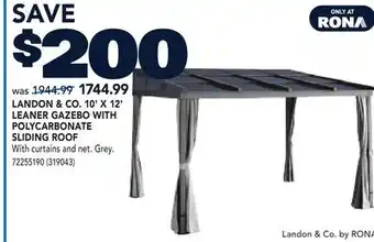 RONA LANDON & CO.10'X12' LEANER GAZEBO WITH POLYCARBONATE SLIDING ROOF offer