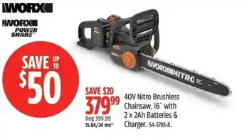 Canadian Tire 40V Nitro Brushless Chainsaw, with 2 x 2Ah Batteries & Charger offer