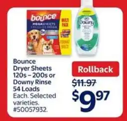 Walmart Bounce Dryer Sheets or Downy Rinse offer
