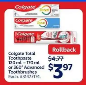Walmart Colgate Total Toothpaste or 360° Advanced Toothbrushes offer