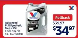 Walmart Valvoline Advanced Full Synthetic Motor Oil offer