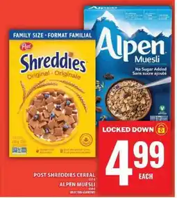 Food Basics Post Shreddies Cereal / Alpen Muesli offer
