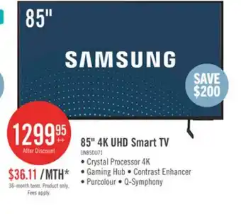 The Brick Samsung 85 4K UHD Direct Lit PurColour HDR10+ 60Hz Smart TV (UN85DU7100FXZC) offer