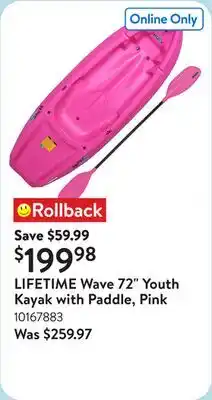Walmart LIFETIME Wave 72 Youth Kayak with Paddle, Pink offer