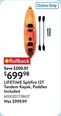 Walmart LIFETIME Spitfire 12T Tandem Kayak, Paddles Included offer