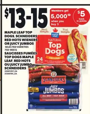 Independent City Market MAPLE LEAF TOP DOGS, SCHNEIDERS RED HOTS WIENERS OR JUICY JUMBOS, 750-900 G offer