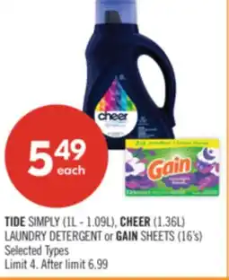 Shoppers Drug Mart TIDE SIMPLY (1L - 1.09L), CHEER (1.36L) LAUNDRY DETERGENT or GAIN SHEETS (16's) offer