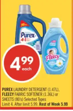 Shoppers Drug Mart PUREX LAUNDRY DETERGENT (1.47L), FLEECY FABRIC SOFTENER (1.36L) or SHEETS (80's) offer