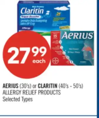 Shoppers Drug Mart AERIUS (30's) or CLARITIN (40's - 50's) ALLERGY RELIEF PRODUCTS offer