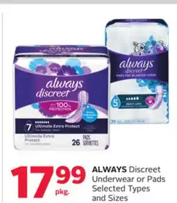 Rexall ALWAYS Discreet Underwear or Pads offer