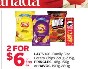 Rexall LAY'S XXL Family Size Potato Chips 220g-235g, PRINGLES 148g-156g or HAVOC 190g-280g offer