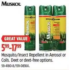 Canadian Tire Muskol mosquito insect repellent in aerosol or coils. deet or deet-free option offer