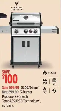 Canadian Tire Vermont castings 3-burner propane bbq with tempassured technology offer