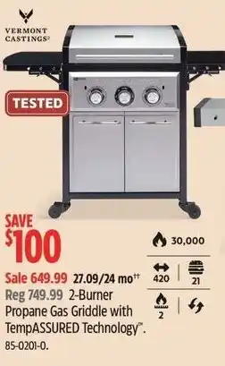 Canadian Tire Vermont castings 2-burner propane gas griddle with tempassured technology offer