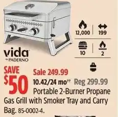 Canadian Tire Vida by paderno portable 2-burner propane gas grill with smoker tray and carry bag offer