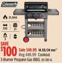 Canadian Tire Coleman cookout 3 burner propane gas bbq offer