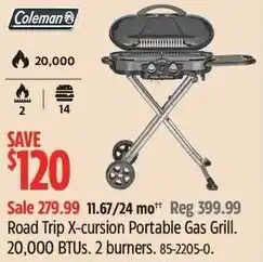 Canadian Tire Coleman Road Trip X-cursion Portable Gas Grill. 20,000 BTUs. 2 burners offer