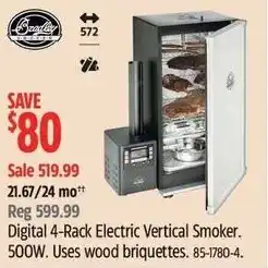 Canadian Tire Digital 4-Rack Electric Vertical Smoker. 500W. Uses wood briquettes offer