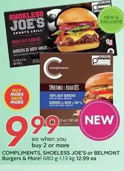 Sobeys Compliments, shoeless joe's or belmont burgers offer