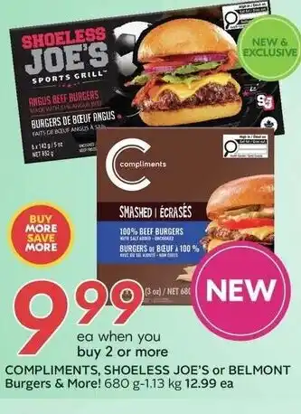 Sobeys Compliments, shoeless joe's or belmont burgers offer