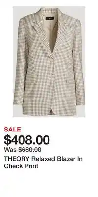 Holt Renfrew THEORY Relaxed Blazer In Check Print offer