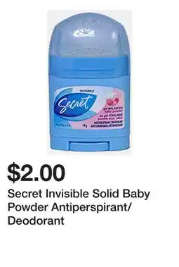 Dollarama Secret Invisible Solid Baby Powder Antiperspirant/Deodorant offer