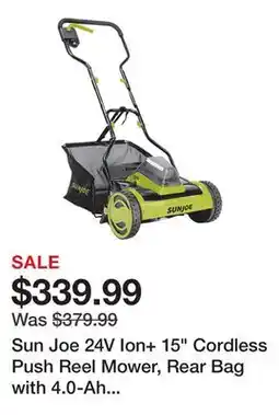 TSC Stores Sun Joe 24V Ion+ 15 Cordless Push Reel Mower, Rear Bag with 4.0-Ah Battery and Charger offer