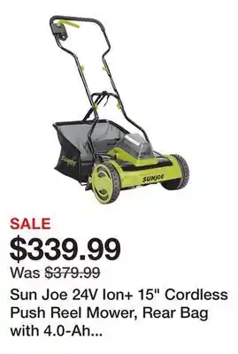 TSC Stores Sun Joe 24V Ion+ 15 Cordless Push Reel Mower, Rear Bag with 4.0-Ah Battery and Charger offer