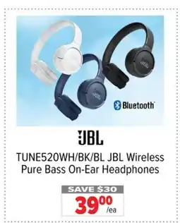 2001 Audio Video TUNE520WH/BK/BL JBL Wireless Pure Bass On-Ear Headphones offer