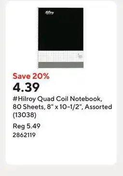 Staples Hilroy Quad Coil Notebook, 80 Sheets, 8 x 10-1/2, Assorted (13038) offer