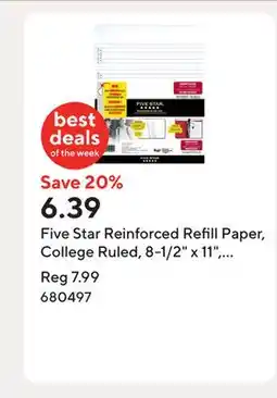 Staples Five Star Reinforced Refill Paper, College Ruled, 8-1/2 x 11, White, 100 Sheets offer