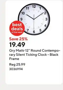 Staples Gry Mattr 12 Round Contemporary Silent Ticking Clock - Black Frame offer