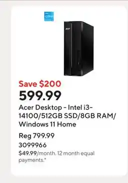 Staples Acer Desktop - Intel i3-14100/512GB SSD/8GB RAM/Windows 11 Home offer