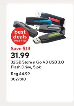 Staples 32GB Store n Go V3 USB 3.0 Flash Drive, 5 pk offer