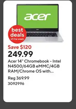 Staples Acer 14 Chromebook - Intel N4500/64GB eMMC/4GB RAM/Chrome OS with 3 months of Gemini Advanced offer