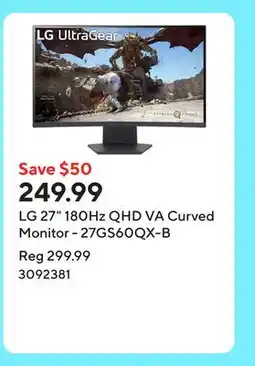 Staples LG 27 180Hz QHD VA Curved Monitor - 27GS60QX-B offer