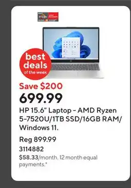 Staples HP 15.6 Laptop - AMD Ryzen 5-7520U/1TB SSD/16GB RAM/Windows 11 offer