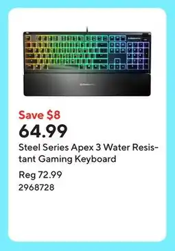Staples Steel Series Apex 3 Water Resistant Gaming Keyboard offer