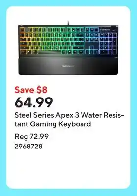 Staples Steel Series Apex 3 Water Resistant Gaming Keyboard offer