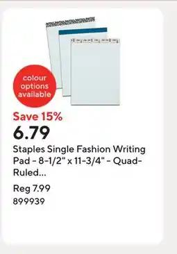 Staples Staples Single Fashion Writing Pad - 8-1/2 x 11-3/4 - Quad-Ruled - White - 50 Sheets offer