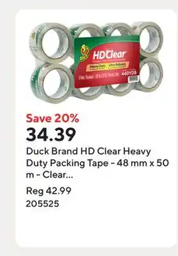 Staples Duck Brand HD Clear Heavy Duty Packing Tape - 48 mm x 50 m - Clear - 8 Pack offer
